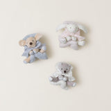 Barefoot Dreams Disney Blanket Buddies in Blue Puppy, Pink Bunny and a gray bear laid out together
