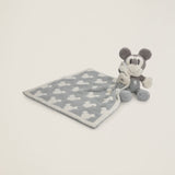 Barefoot Dreams Disney Blanket Buddie in Vintage Mickey Mouse, a gray and cream Mickey-print lovey with a Mickey plush