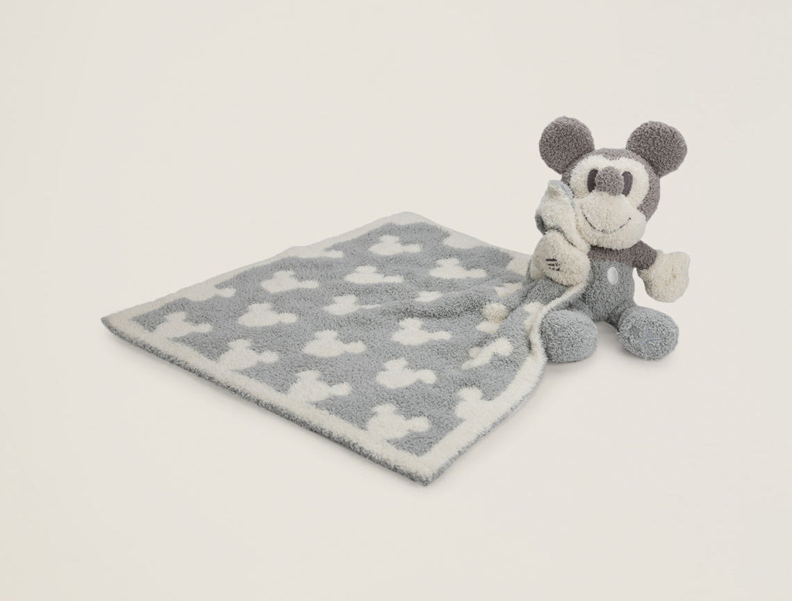 Barefoot Dreams Disney Blanket Buddie in Vintage Mickey Mouse, a gray and cream Mickey-print lovey with a Mickey plush
