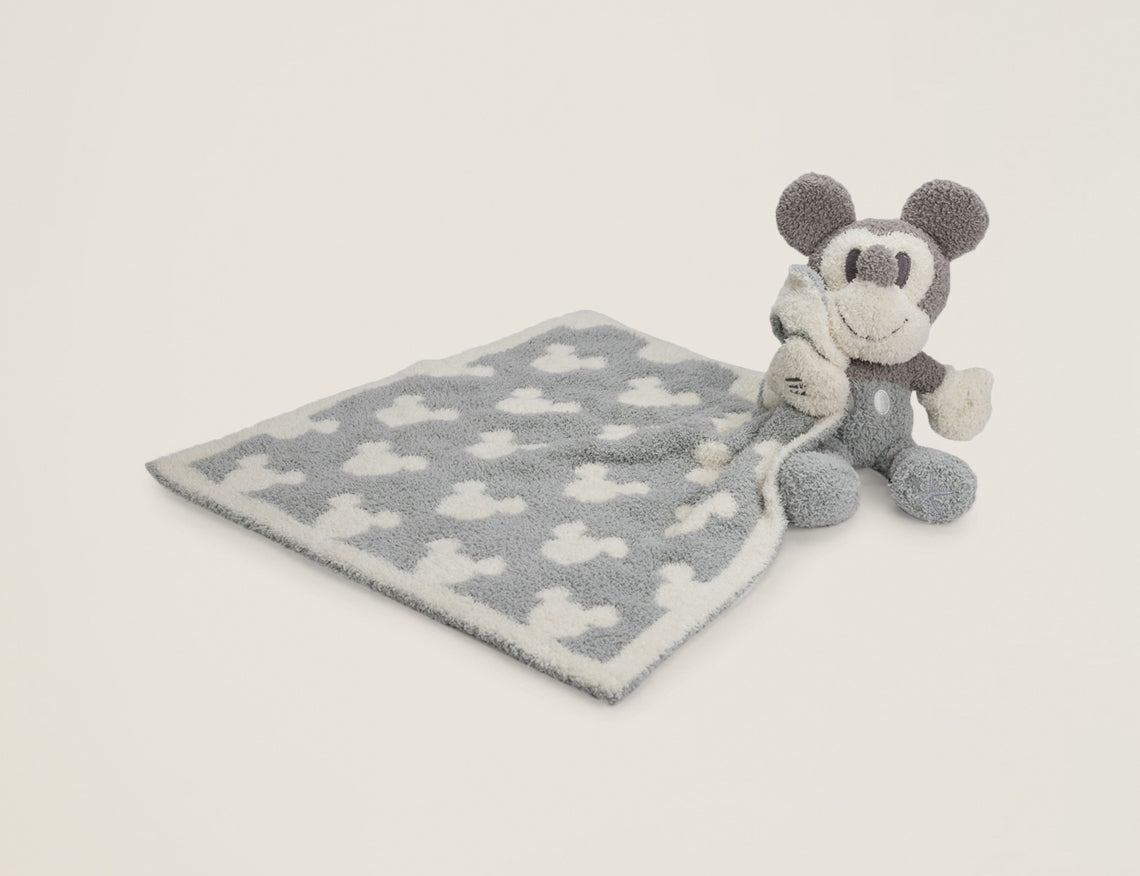 Barefoot Dreams Disney Blanket Buddie in Vintage Mickey Mouse, a gray and cream Mickey-print lovey with a Mickey plush