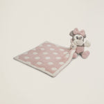 Barefoot Dreams Disney Blanket Buddie in Vintage Minnie Mouse, a pink and cream Mickey-print lovey with a Minnie plush