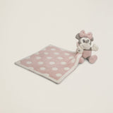 Barefoot Dreams Disney Blanket Buddie in Vintage Minnie Mouse, a pink and cream Mickey-print lovey with a Minnie plush