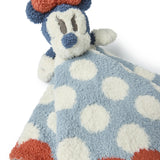 Close-up of the Minnie plush and blue polka dot knit on the Barefoot Dreams Disney Lovey