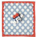 Barefoot Dreams Disney Lovey in Minnie Mouse laid flat showing the blue polka dot and red border