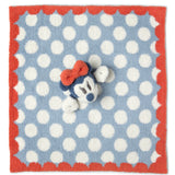 Barefoot Dreams Disney Lovey in Minnie Mouse laid flat showing the blue polka dot and red border
