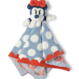 Barefoot Dreams Disney Lovey in Minnie Mouse, a blue polka dot lovey with red scalloped trim and a Minnie plush