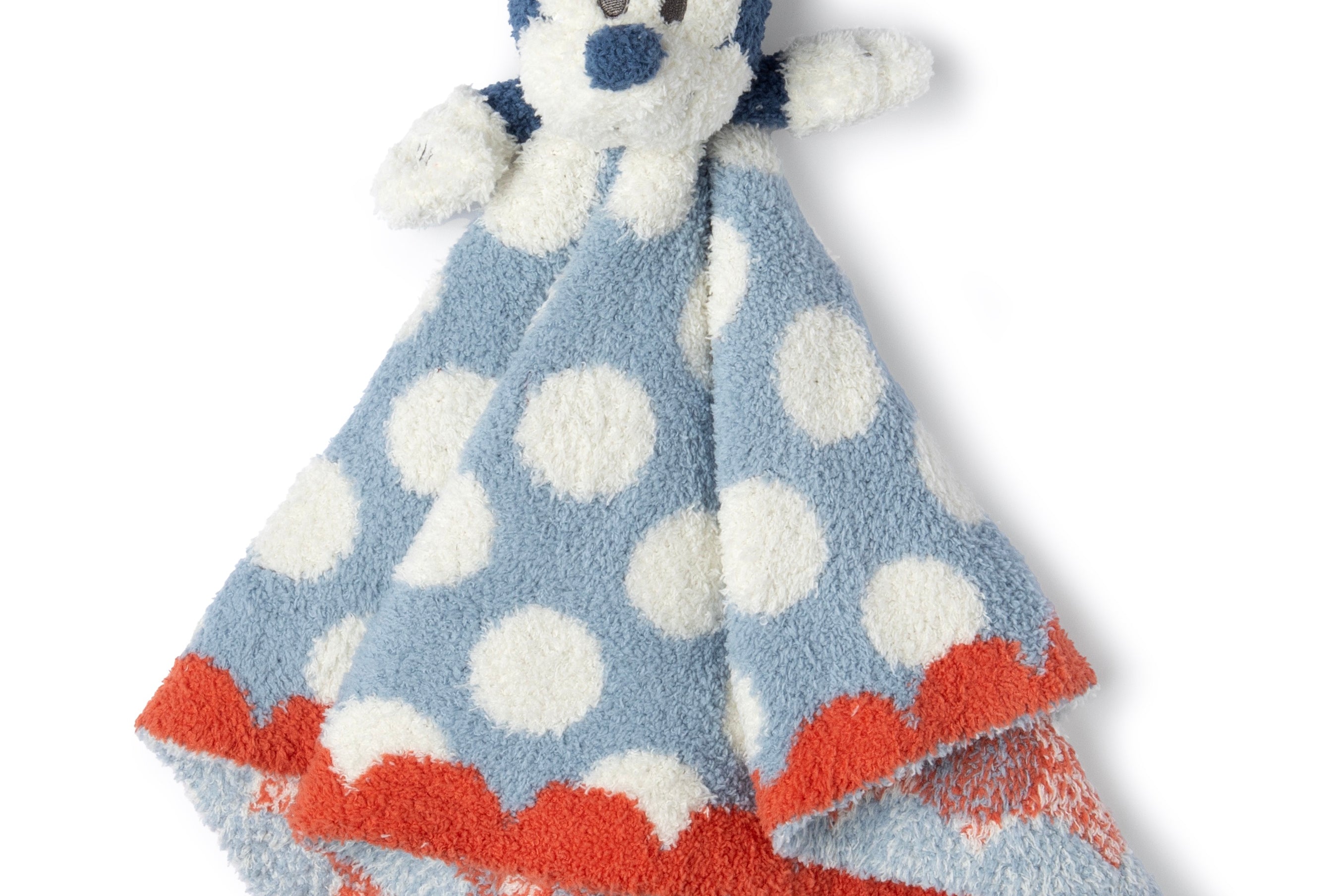 Barefoot Dreams Disney Lovey in Minnie Mouse, a blue polka dot lovey with red scalloped trim and a Minnie plush