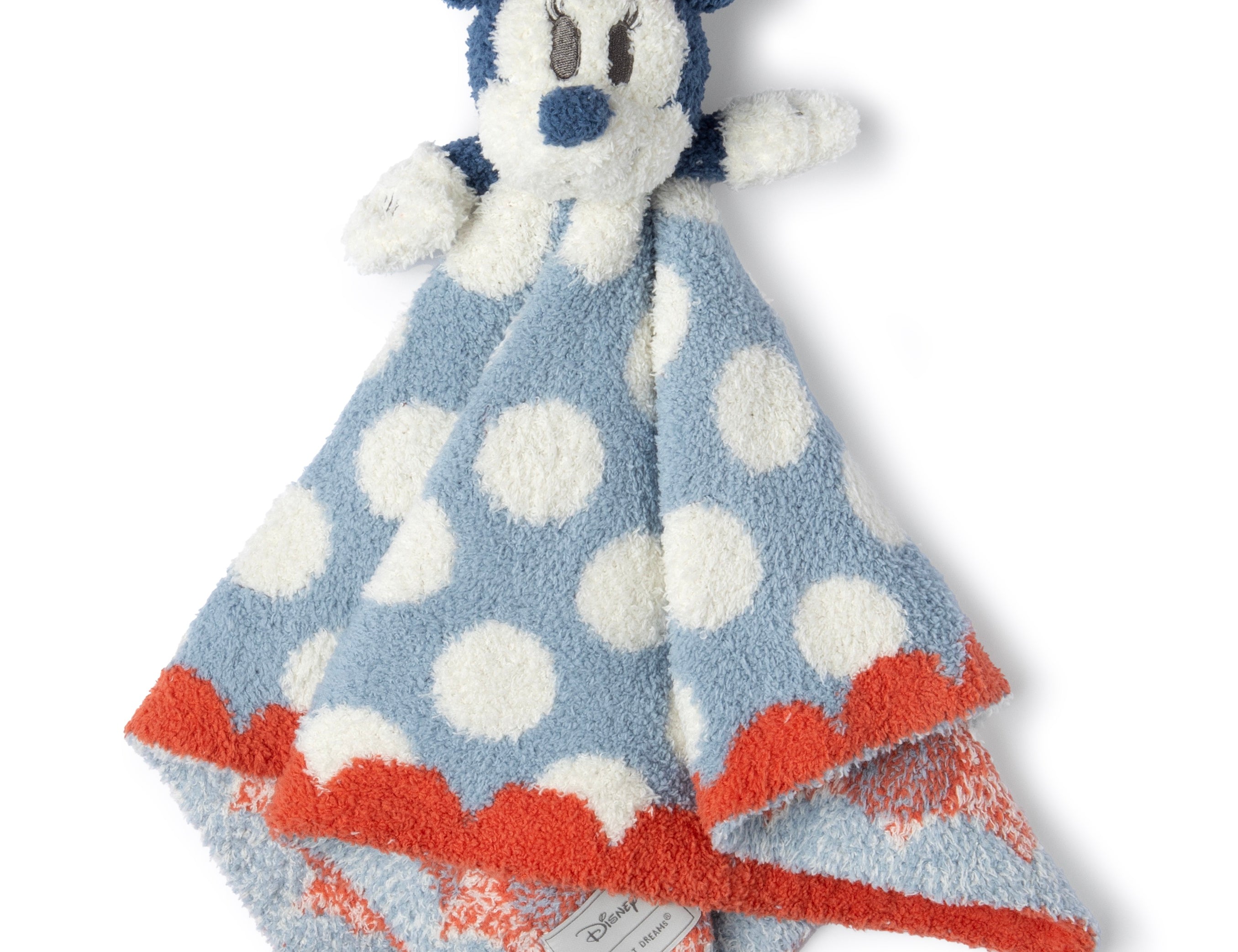 Barefoot Dreams Disney Lovey in Minnie Mouse, a blue polka dot lovey with red scalloped trim and a Minnie plush