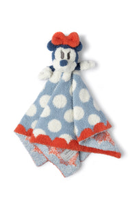 Barefoot Dreams Disney Lovey in Minnie Mouse, a blue polka dot lovey with red scalloped trim and a Minnie plush