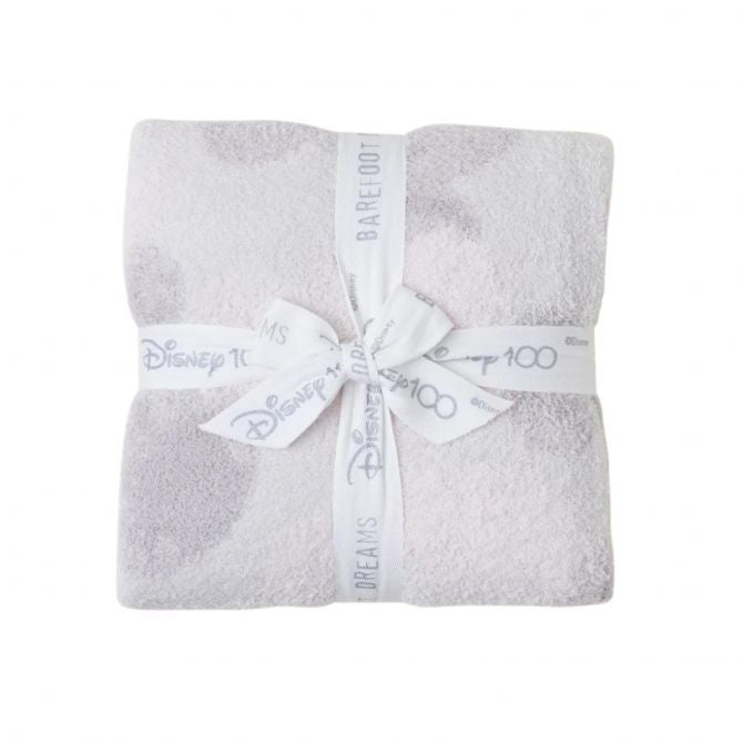 Barefoot Dreams Disney Stroller Blanket in Mickey Stamped folded and tied with a Disney 100 ribbon