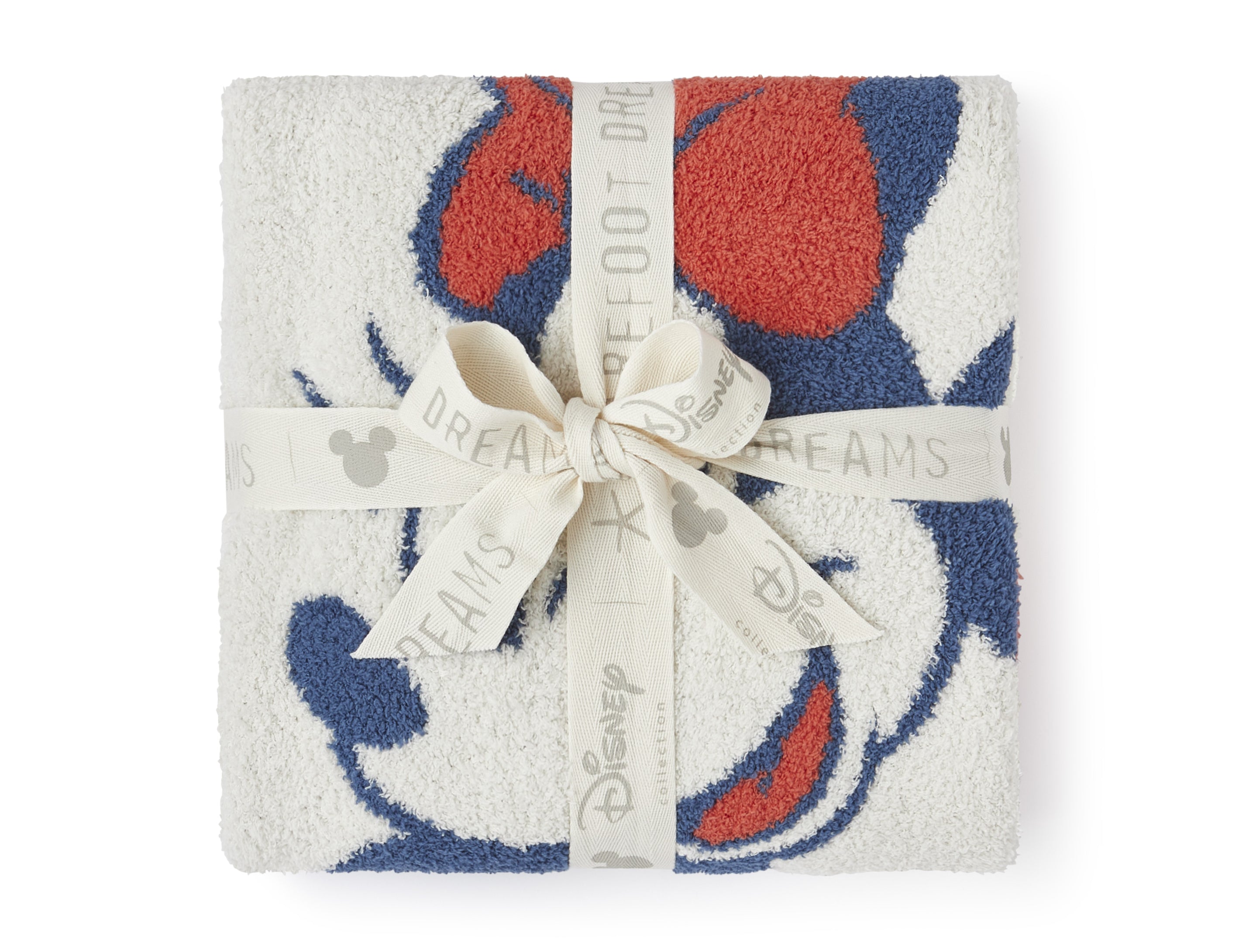 Barefoot Dreams Disney Stroller Blanket in Minnie Love folded and tied with a Disney ribbon