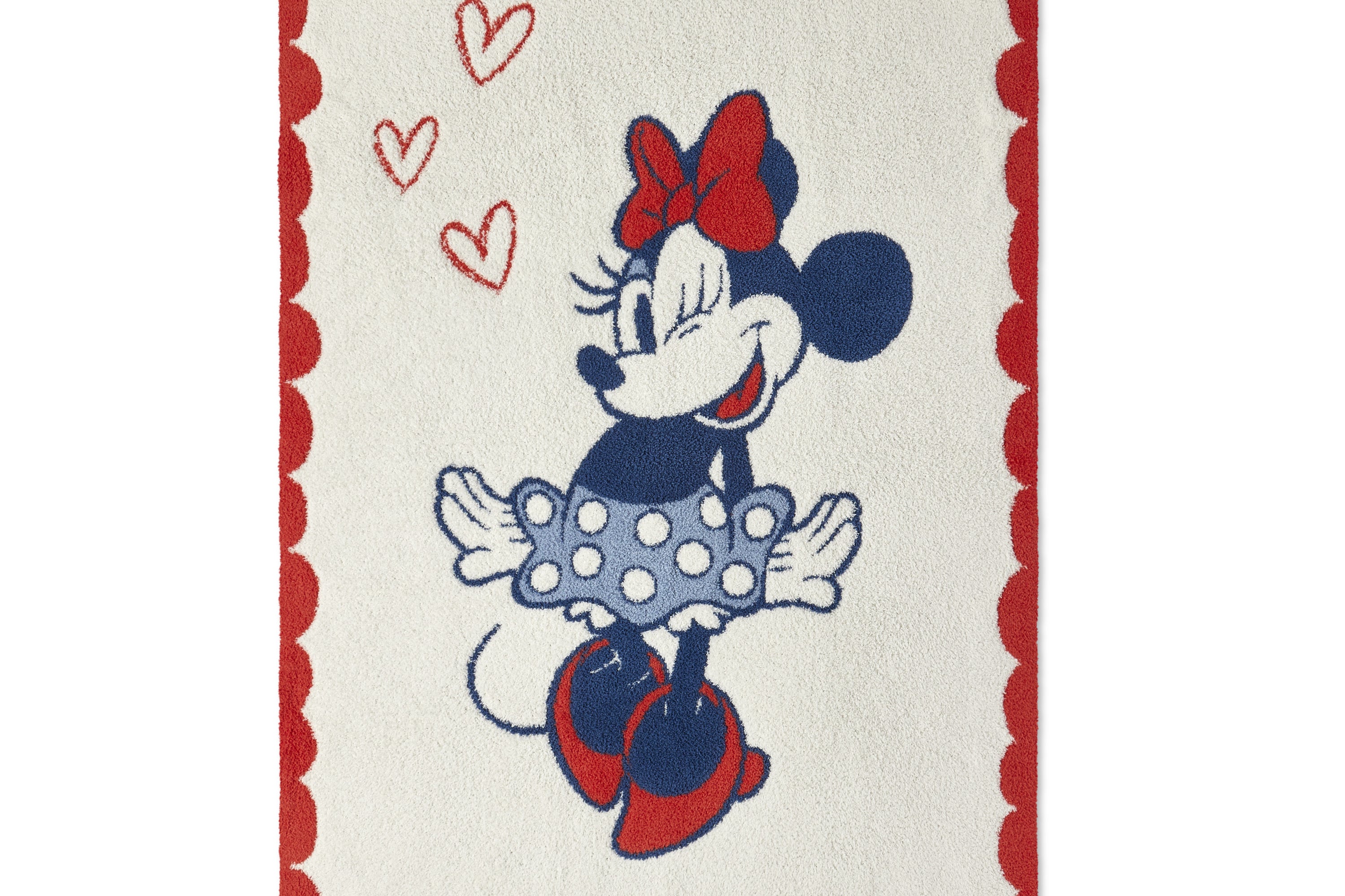 Barefoot Dreams Disney Stroller Blanket in Minnie Love, cream with a red scalloped border and Minnie Mouse
