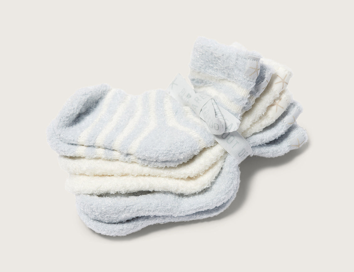 Barefoot Dreams Infant Socks 3 Pack in Blue Pearl, soft blue and cream striped baby socks