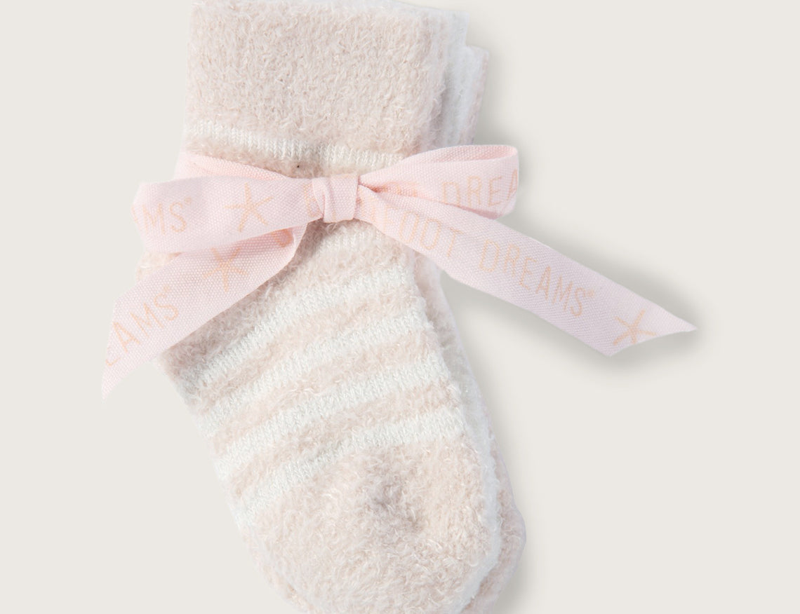 Barefoot Dreams Infant Socks 3 Pack in Pink Pearl, soft pink and cream striped baby socks with a bow