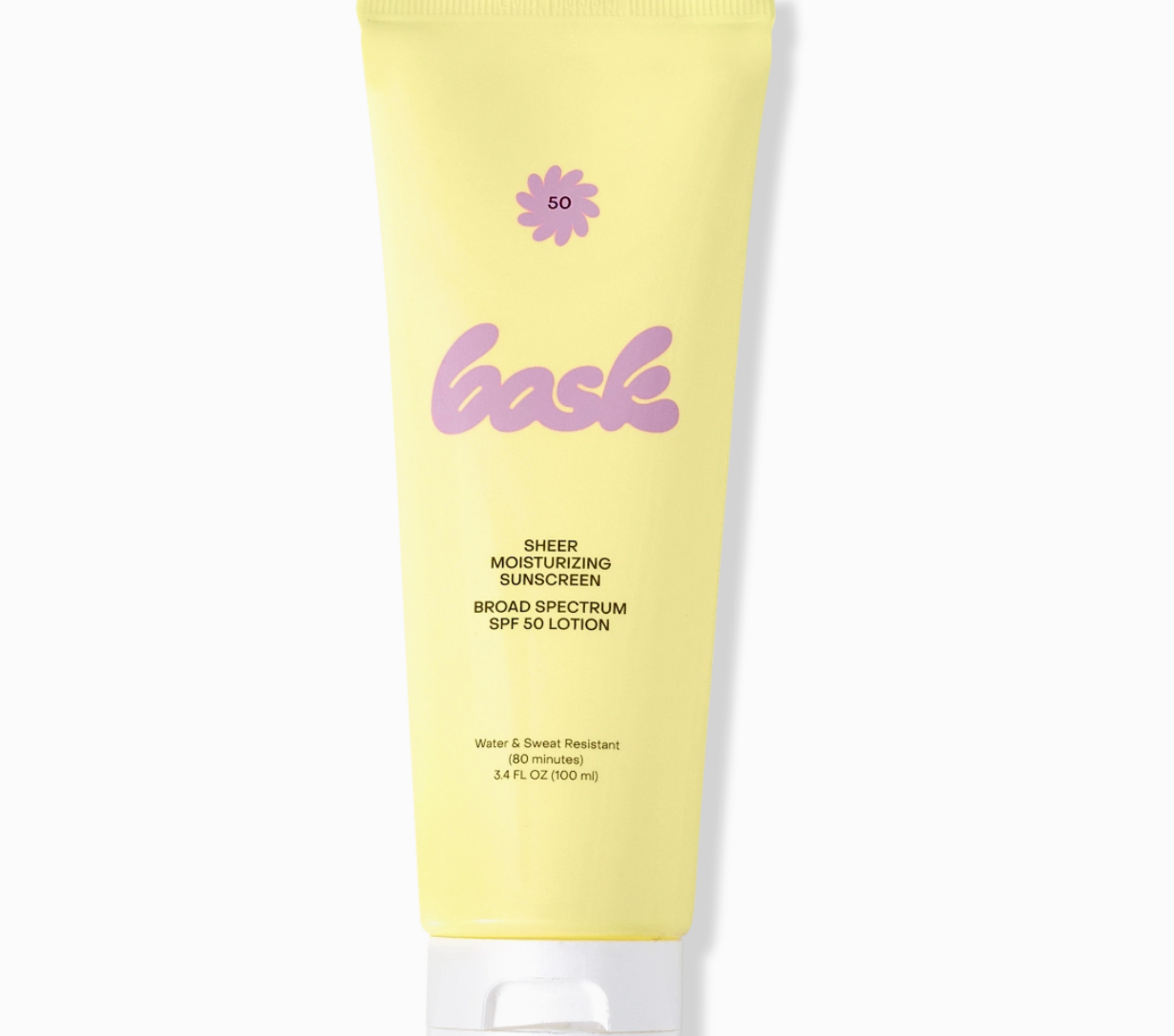 Bask SPF 50 Lotion, yellow tube of sheer moisturizing broad spectrum sunscreen