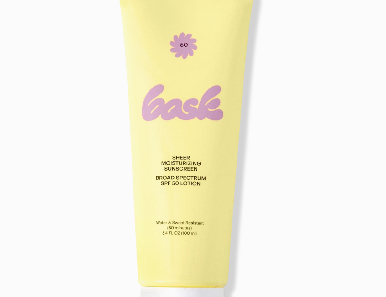 Bask SPF 50 Lotion, yellow tube of sheer moisturizing broad spectrum sunscreen