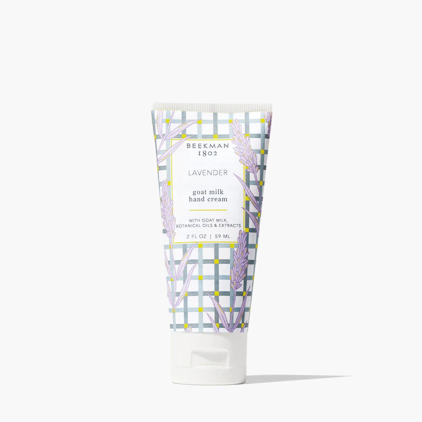 Beekman 1802 2oz Hand Cream in Lavender, a goat milk hand cream tube with a purple plaid print