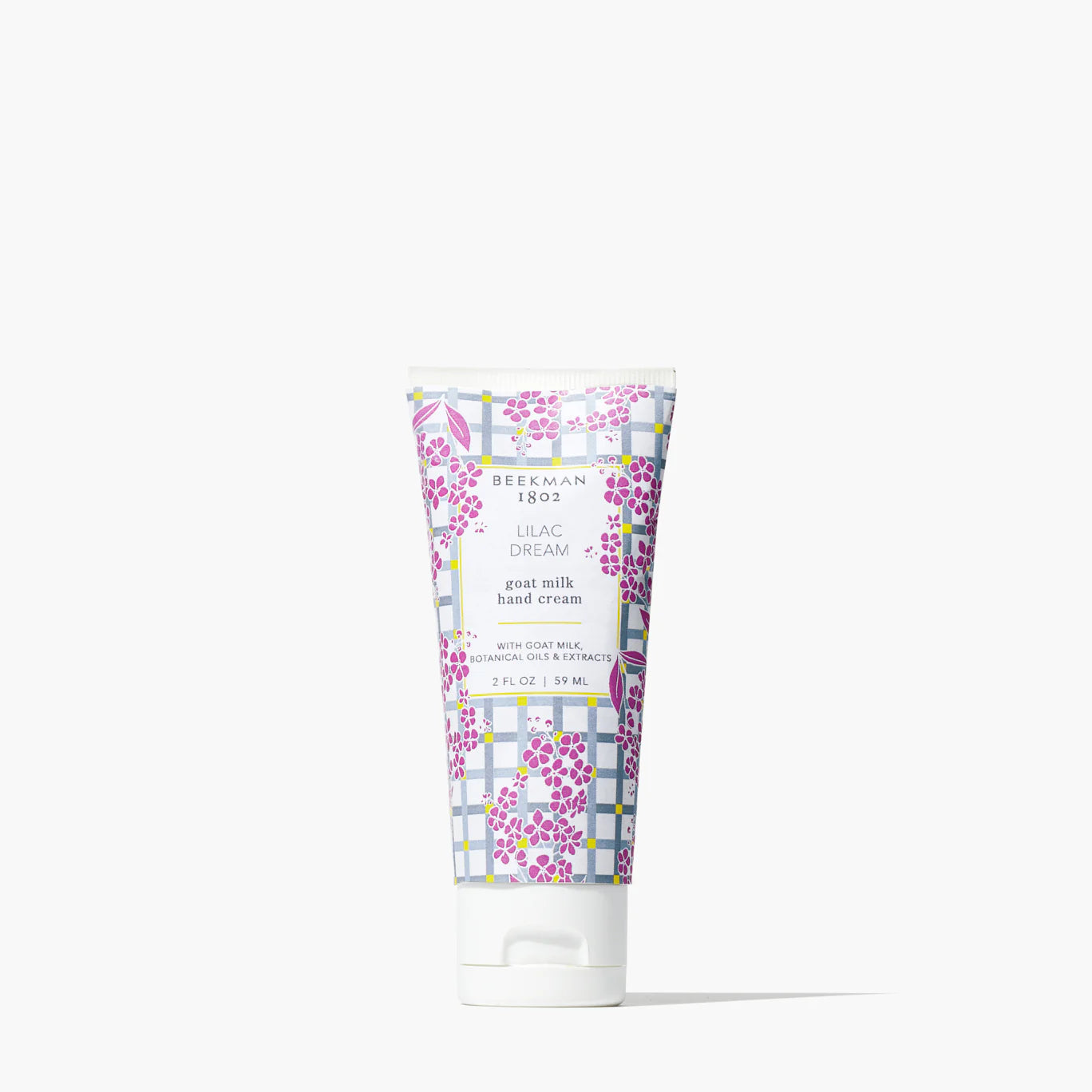 Beekman 1802 2oz Hand Cream in Lilac Dream, a goat milk hand cream tube with a pink and purple plaid print