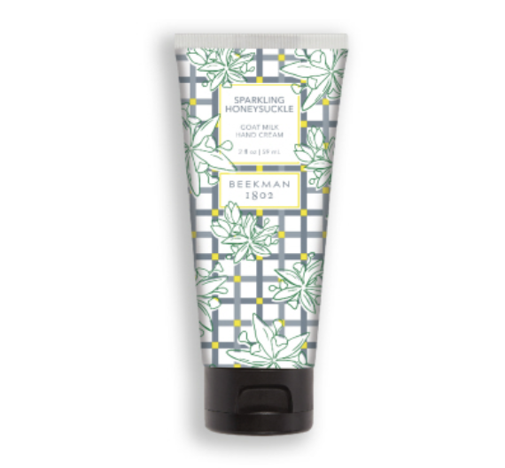 Beekman 1802 2oz Hand Cream in Sparkling Honeysuckle, a goat milk hand cream tube with a green plaid print