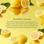 Beekman 1802 Sunshine Lemon scent description with fresh lemons on a yellow background