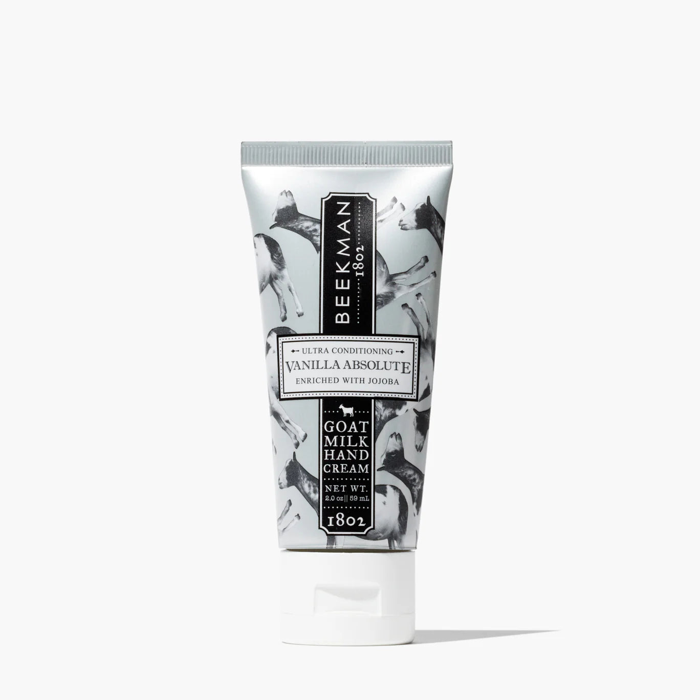 Beekman 1802 2oz Hand Cream in Vanilla Absolute, a goat milk hand cream tube with a black and white print