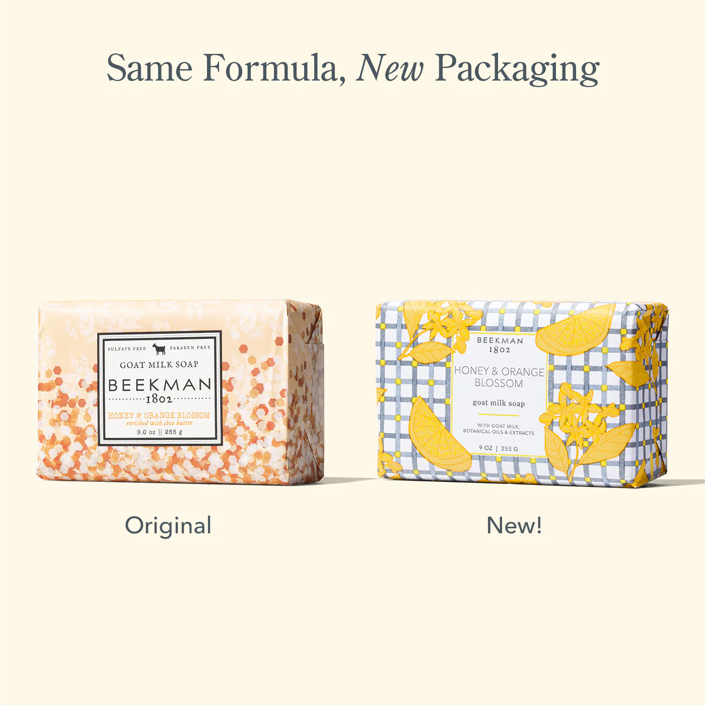 Beekman 1802 Bar Soap in Honey & Orange Blossom, original and new packaging side by side