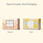 Beekman 1802 Bar Soap in Honey & Orange Blossom, original and new packaging side by side