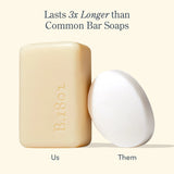 Beekman 1802 Bar Soap beside a common bar soap, labeled Lasts 3x Longer than Common Bar Soaps