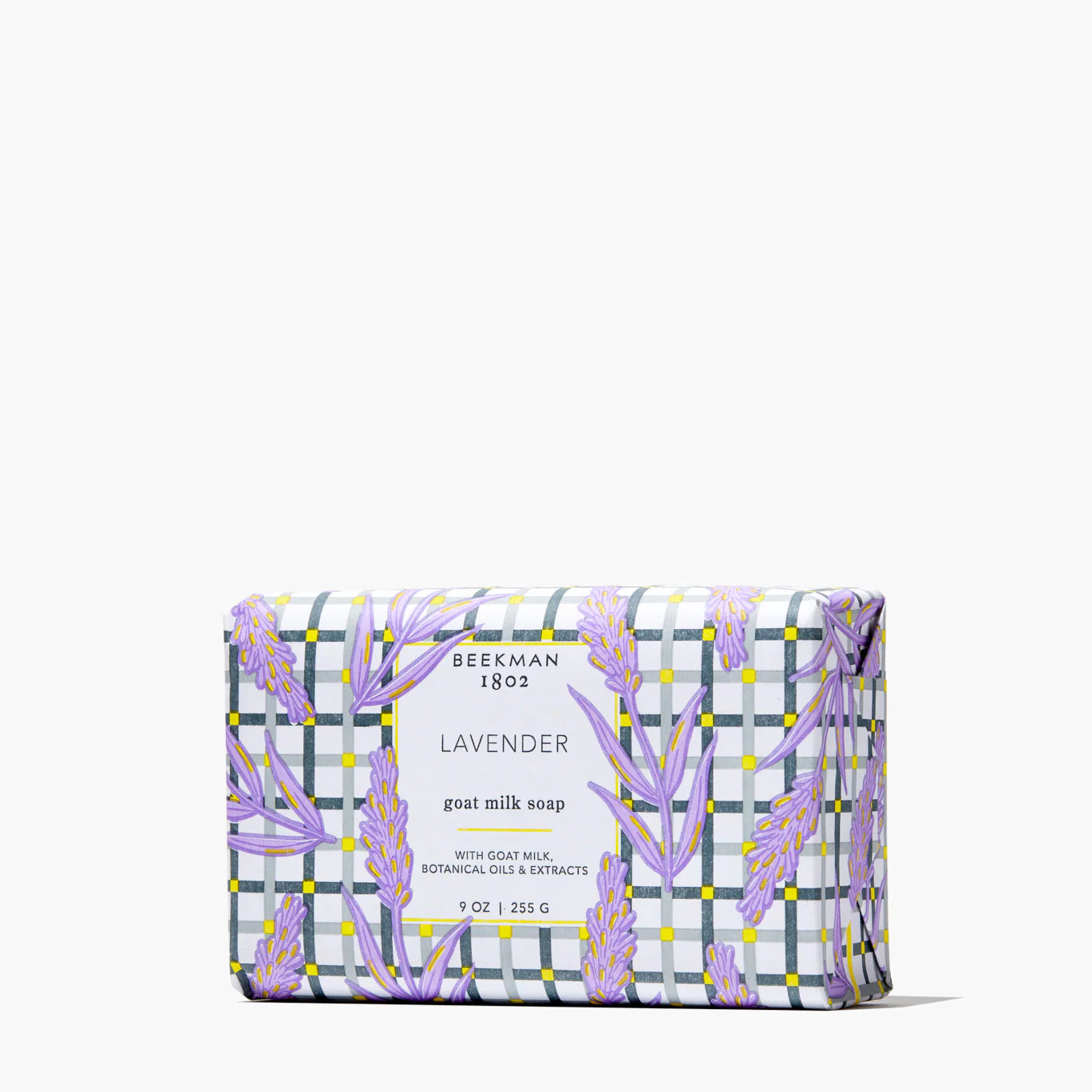 Beekman 1802 Bar Soap in Lavender, a goat milk soap in a purple plaid wrapper