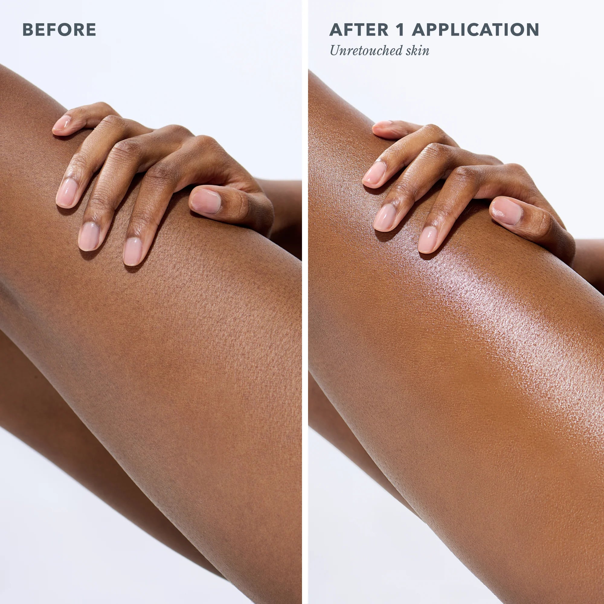 Before and after skin comparison showing legs after one application of Beekman 1802 Milk Shake Moisture Mist