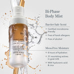 Beekman 1802 Milk Shake Moisture Mist bi-phase body mist splashing with feature callouts
