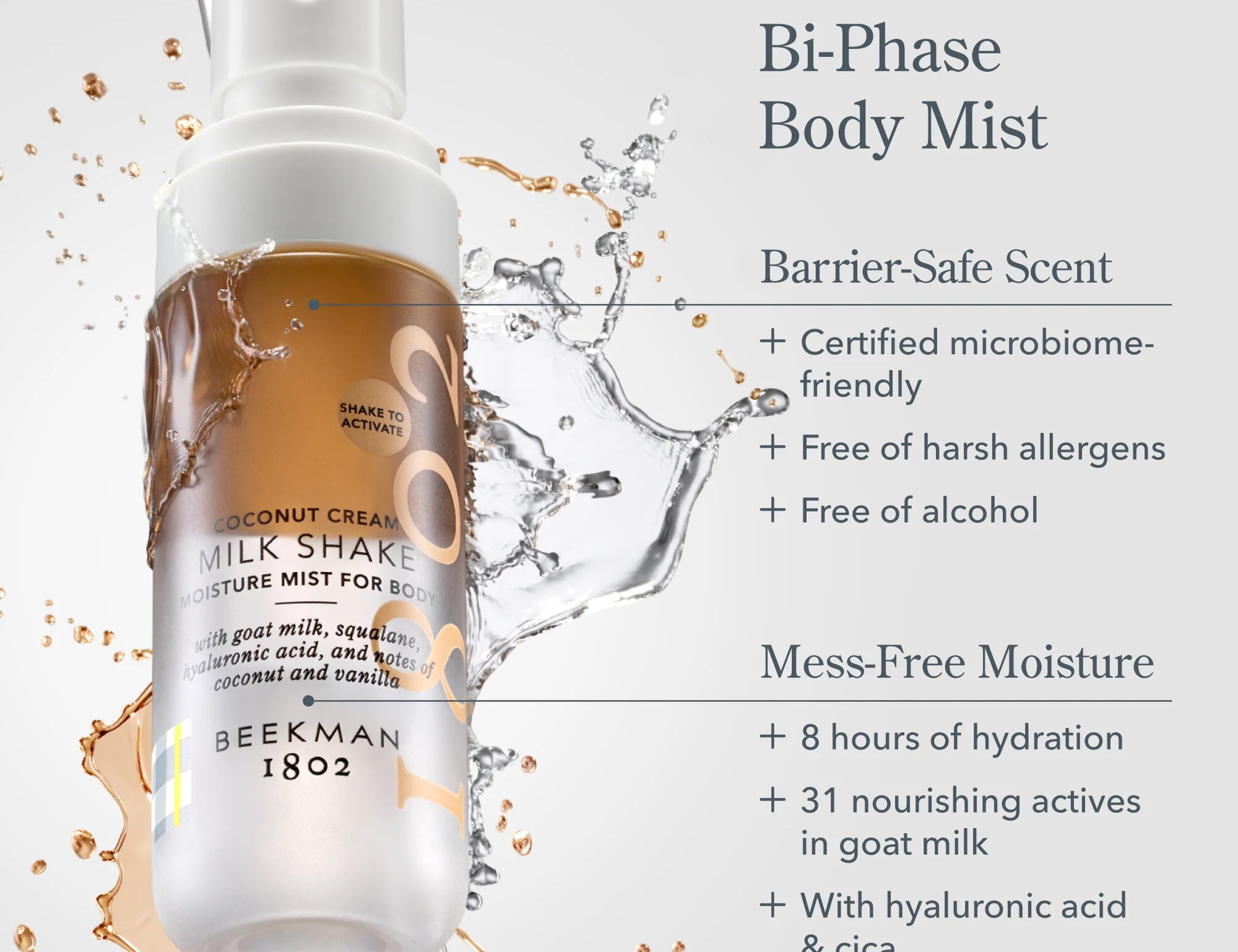 Beekman 1802 Milk Shake Moisture Mist bi-phase body mist splashing with feature callouts
