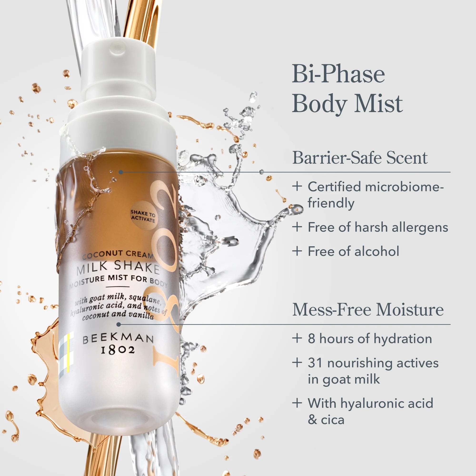 Beekman 1802 Milk Shake Moisture Mist bi-phase body mist splashing with feature callouts