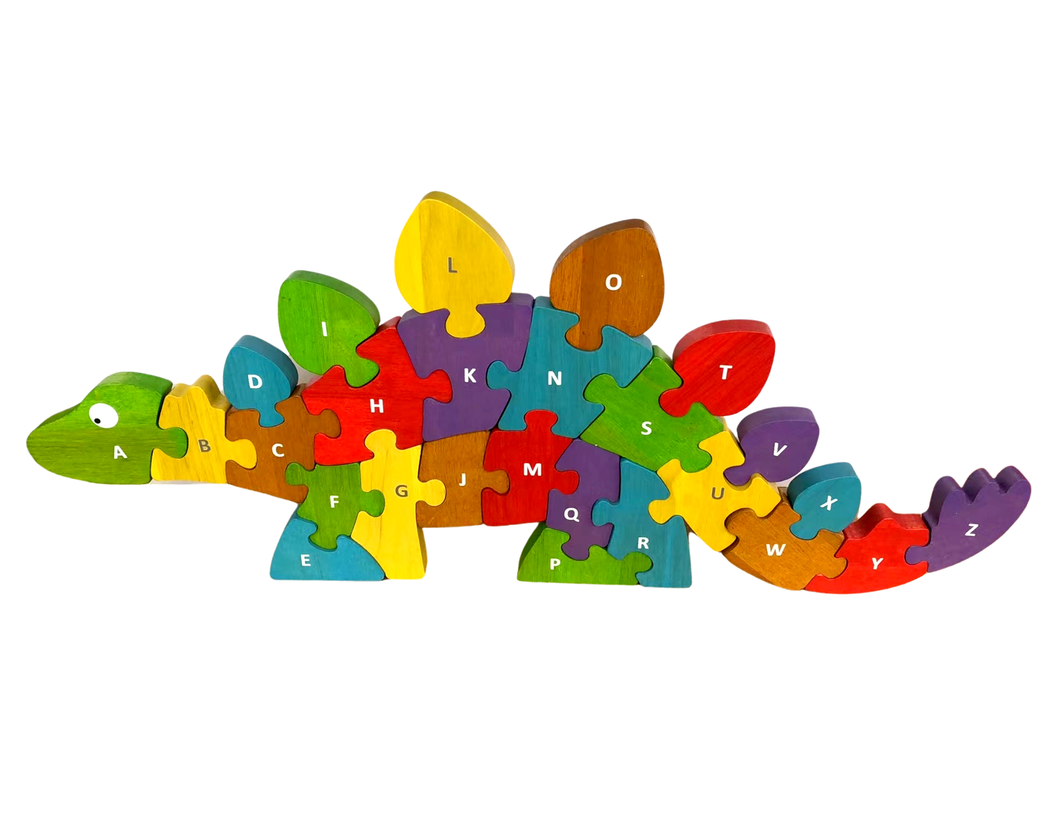 BeginAgain Jumbo Dinosaur A-Z Puzzle, a colorful wooden stegosaurus puzzle with alphabet letter pieces