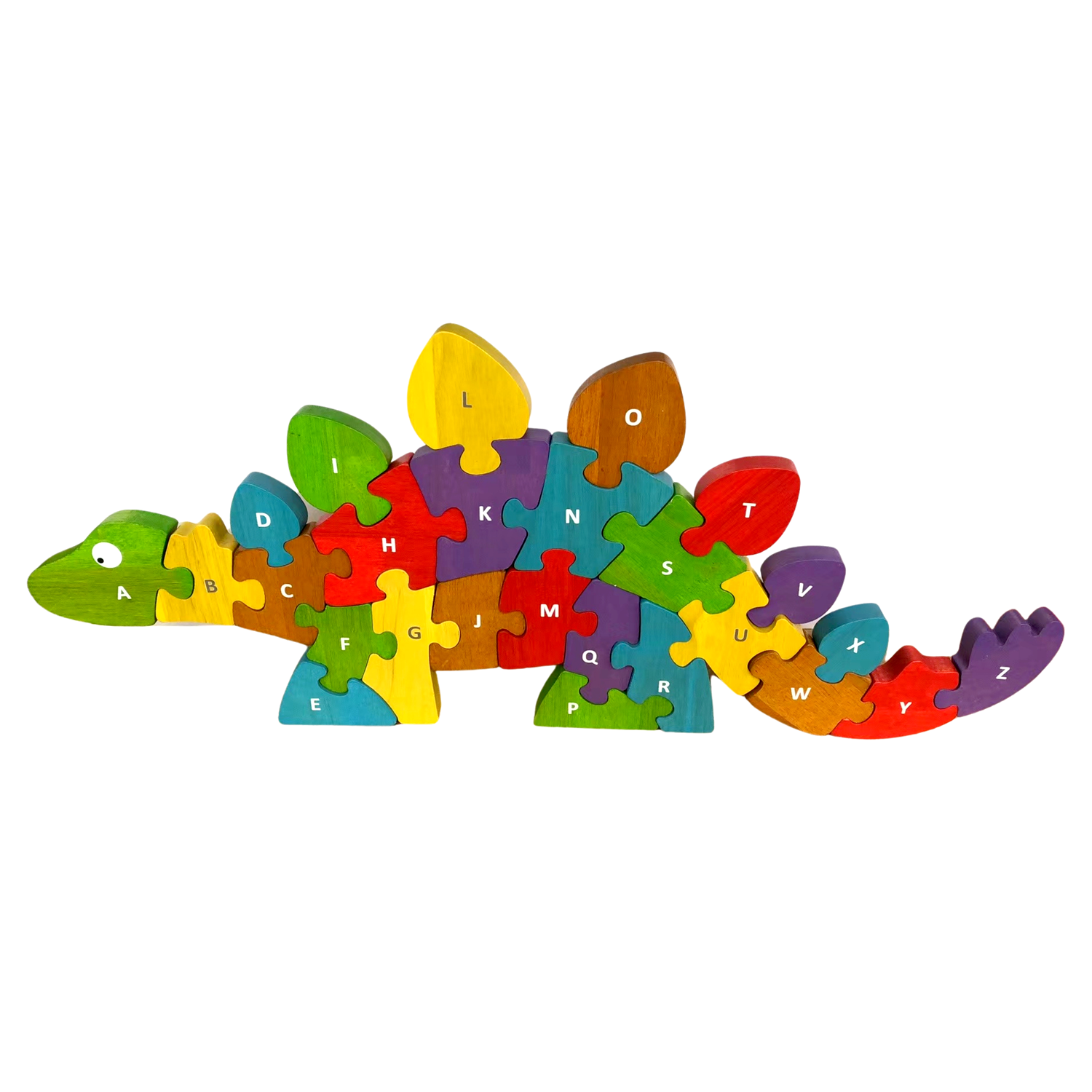 BeginAgain Jumbo Dinosaur A-Z Puzzle, a colorful wooden stegosaurus puzzle with alphabet letter pieces