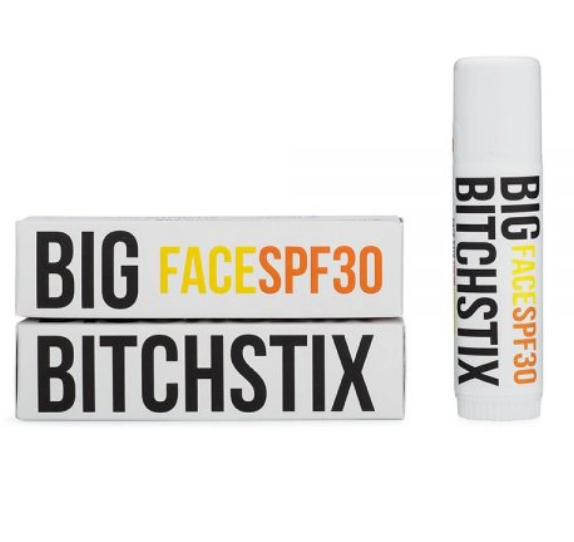 BITCHSTIX Big Bitchstix Face SPF 30 sunscreen stick with its black and white box