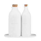 Blomus Bon Appetit Porcelain Cruet Bottles, two white oil and vinegar bottles with cork stoppers on a white tray