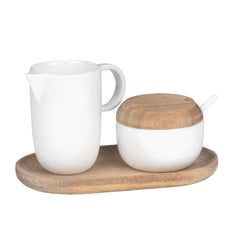 Blomus Cream and Sugar Service Tray, a white porcelain creamer and lidded sugar bowl on a wooden tray