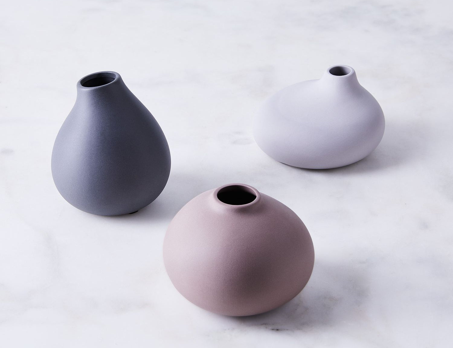 Blomus Nona 3 Vase Set, three small matte ceramic bud vases in charcoal, mauve and lavender
