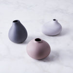 Blomus Nona 3 Vase Set, three small matte ceramic bud vases in charcoal, mauve and lavender