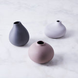 Blomus Nona 3 Vase Set, three small matte ceramic bud vases in charcoal, mauve and lavender