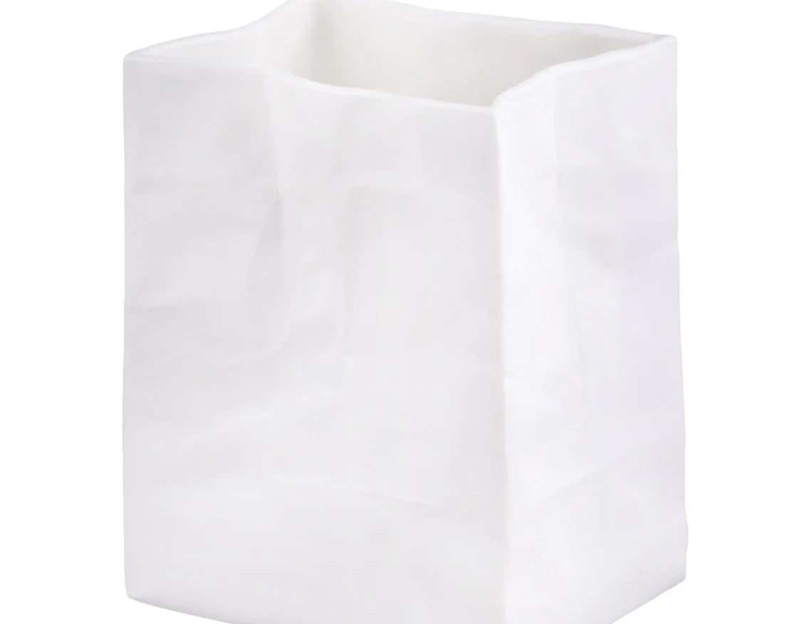 Blomus Porcelain Bag Vase, a white crumpled paper-bag shaped porcelain vase