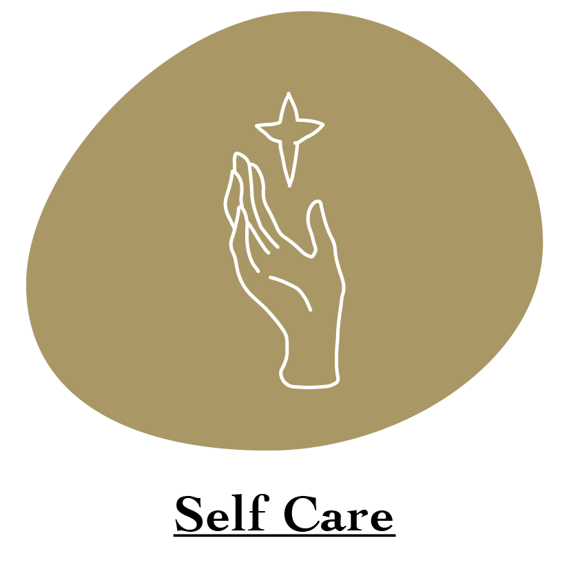 "Self Care" category name with white hand reaching for star illustration on gold circle
