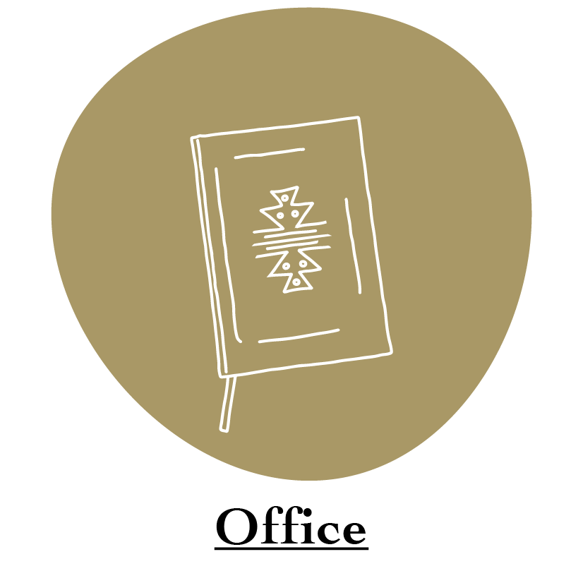 "Office" category name with white Journal with ribbon and Native American design on cover Illustration on gold circle