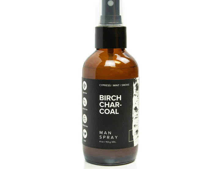 Broken Top Brands Birch Charcoal Man Spray in an amber glass bottle with a black spray top
