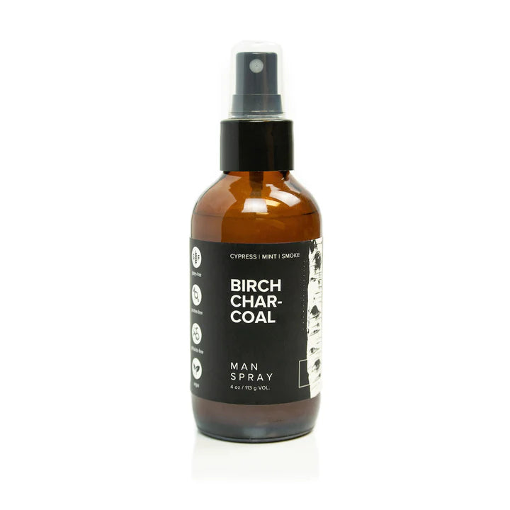 Broken Top Brands Birch Charcoal Man Spray in an amber glass bottle with a black spray top