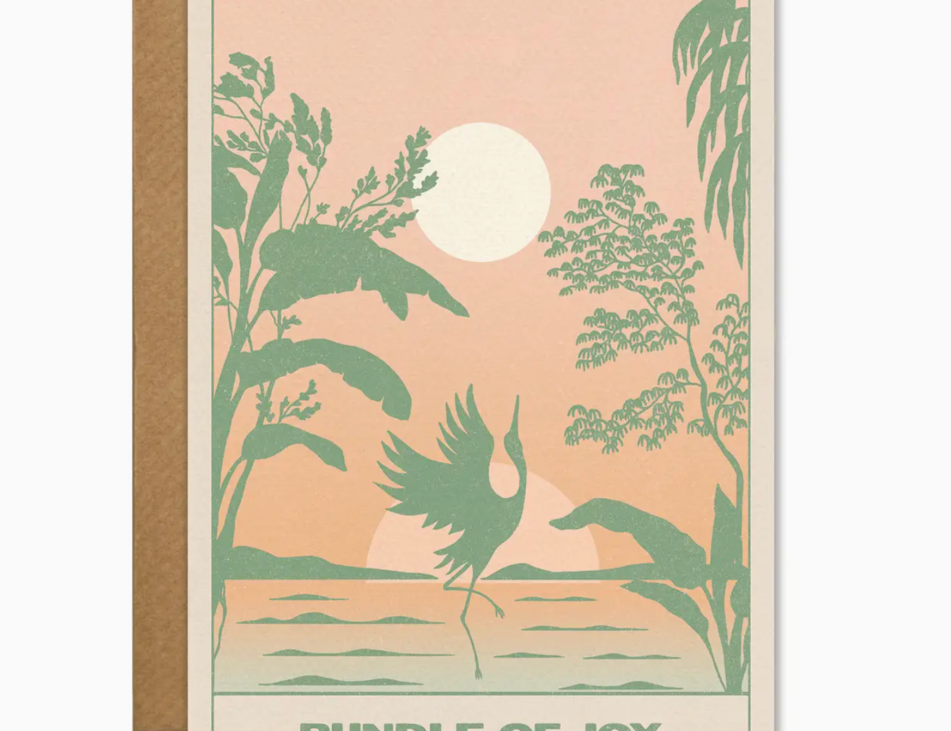 Cai & Jo Bundle of Joy Card, a peach and green illustration of a stork flying over a tropical sunset, with kraft envelope