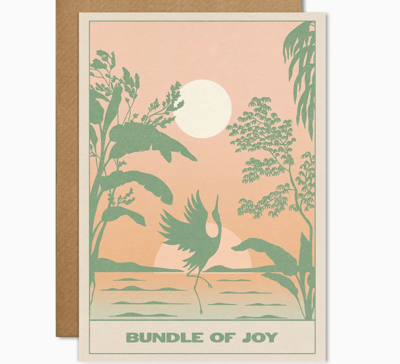 Cai & Jo Bundle of Joy Card, a peach and green illustration of a stork flying over a tropical sunset, with kraft envelope