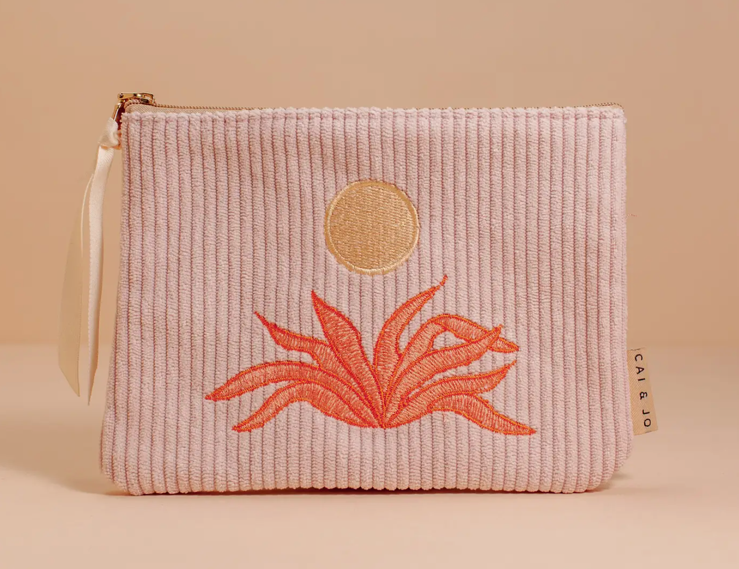 Cai & Jo Corduroy Pouch, tenth view, pale pink corduroy pouch embroidered with a coral agave and a gold sun