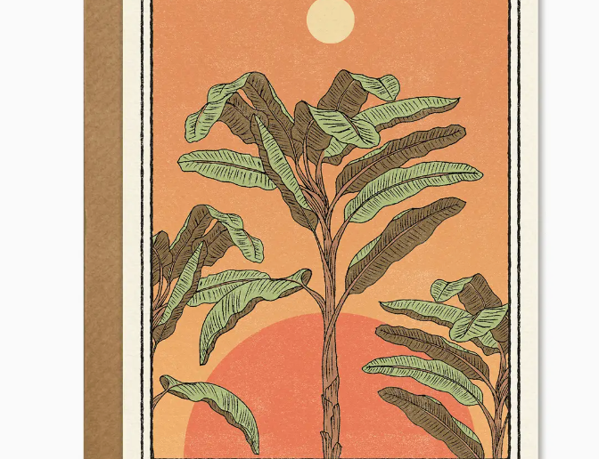Cai & Jo Hello Sunshine Card, an orange and green illustration of banana leaves under a sun, with kraft envelope